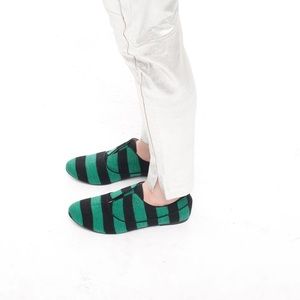 New HANDMADE Green Stripe Cotton Leather Sneakers 6.5 fit 6 5.5 NYC Designer